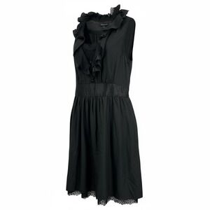 White House Black Market Silk Dress 12 Black Ruffle Lace Trim Romantic Cocktail